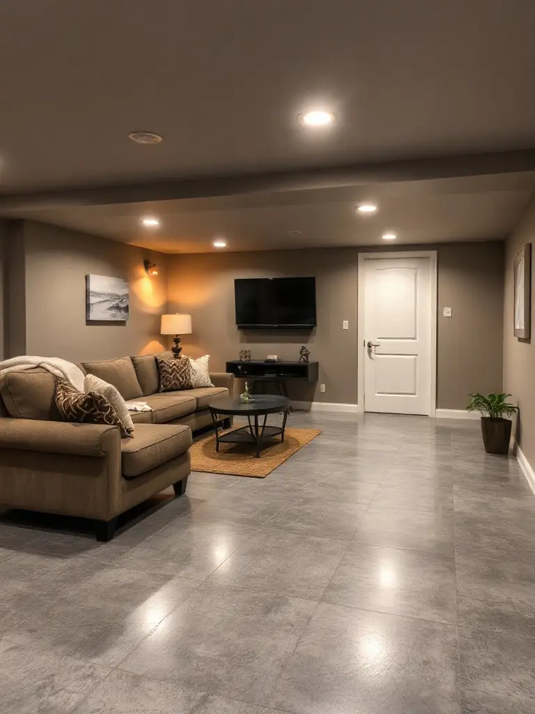 A finished basement with epoxy flooring, cozy furniture, and modern decor, showcasing Adirondack Epoxy LLC's basement finishing services.
