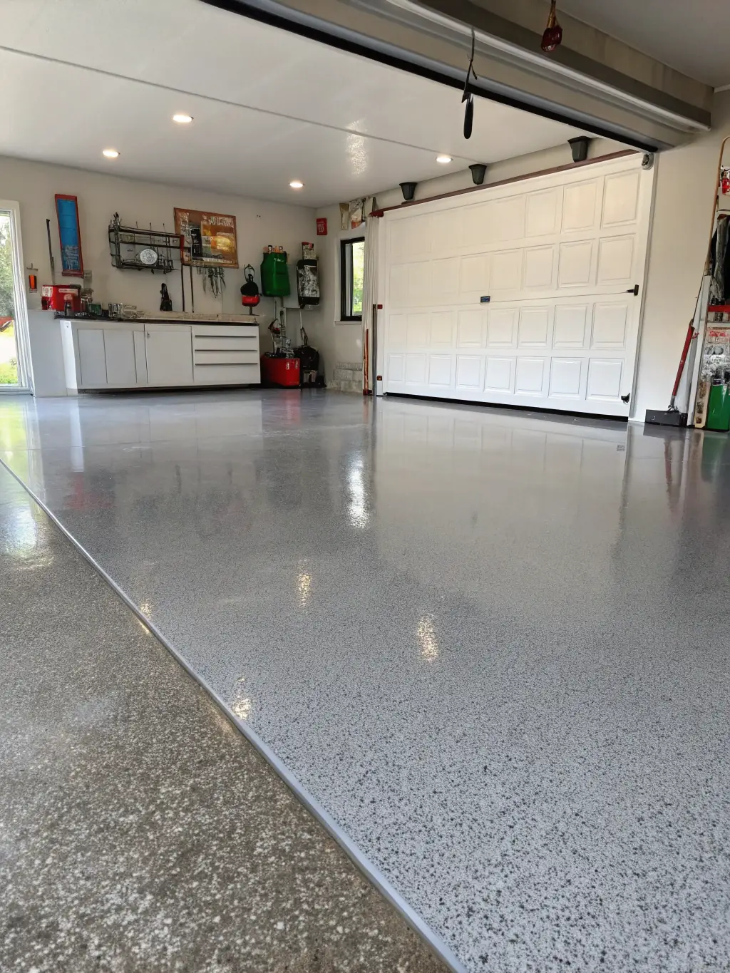 A close-up of a garage floor with a custom epoxy coating, featuring a decorative flake system and a clear, protective topcoat, with organized storage solutions visible.