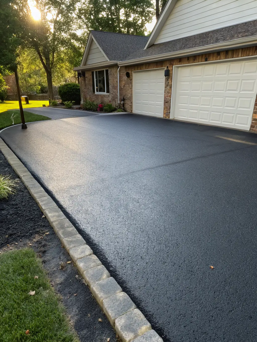 A wide shot of a newly coated polyaspartic driveway, highlighting its smooth, UV-resistant surface and enhanced curb appeal, with a classic car parked on it.