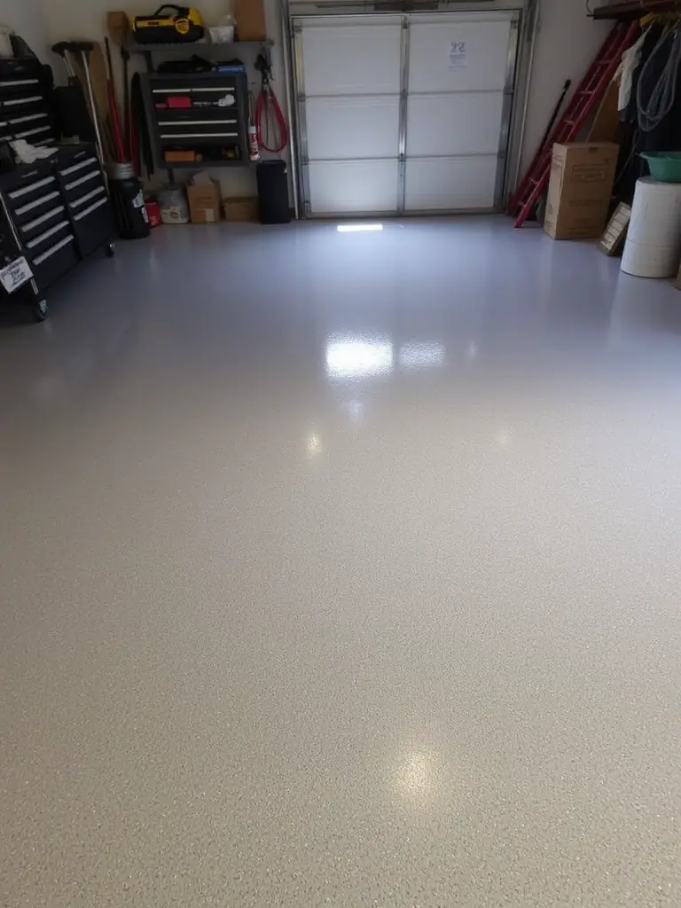 A clean, organized garage with a durable epoxy coating and custom color accents, installed by Adirondack Epoxy LLC.