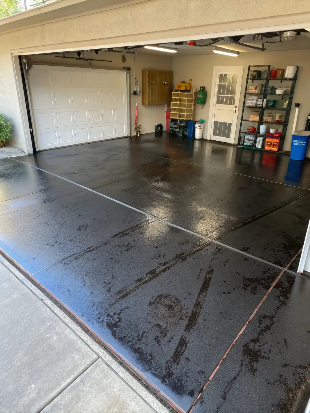 A high-angle, close-up shot of a glossy, metallic epoxy floor in a residential garage, showcasing its durability and resistance to tire marks and stains, with tools neatly arranged in the background.