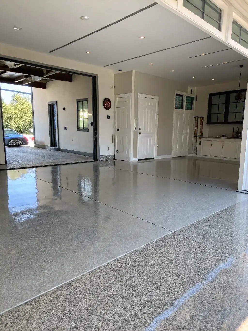 A sleek, shiny epoxy floor in a modern garage with vibrant colors and seamless finish, showcasing Adirondack Epoxy LLC's expertise.