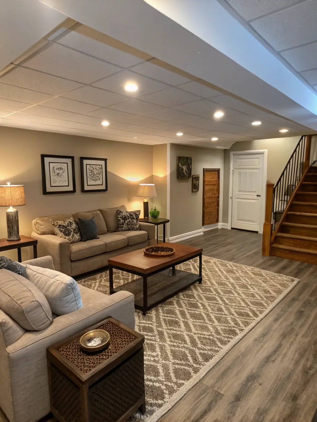 A well-lit basement with a newly finished epoxy floor, creating a bright and inviting living space, with modern furniture and decor.
