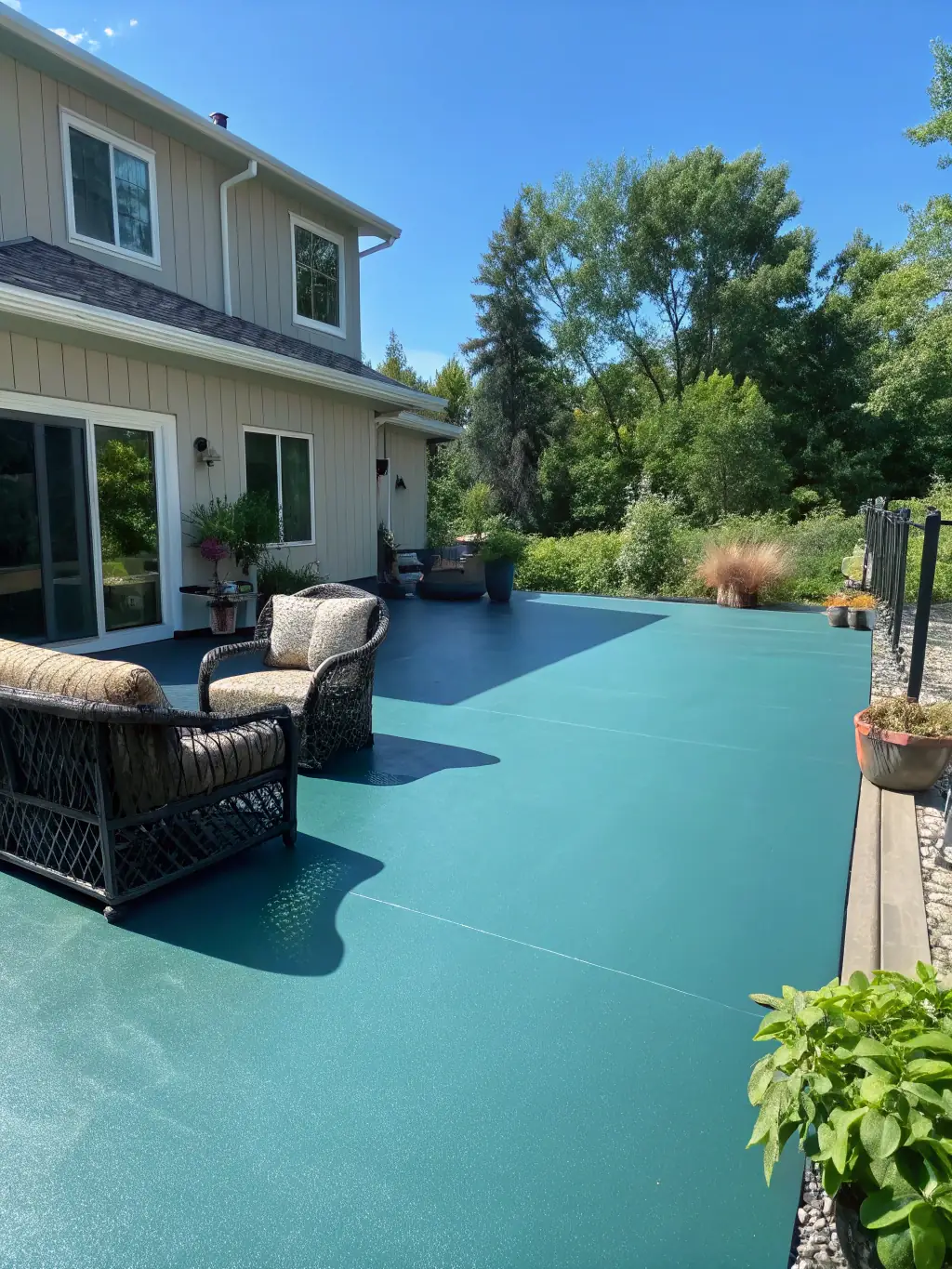 A vibrant polyaspartic patio with a textured finish, showcasing color and durability, installed by Adirondack Epoxy LLC.
